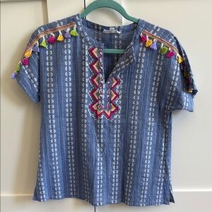 THML Blue Embellished Boxy Blouse with Mandarin Collar